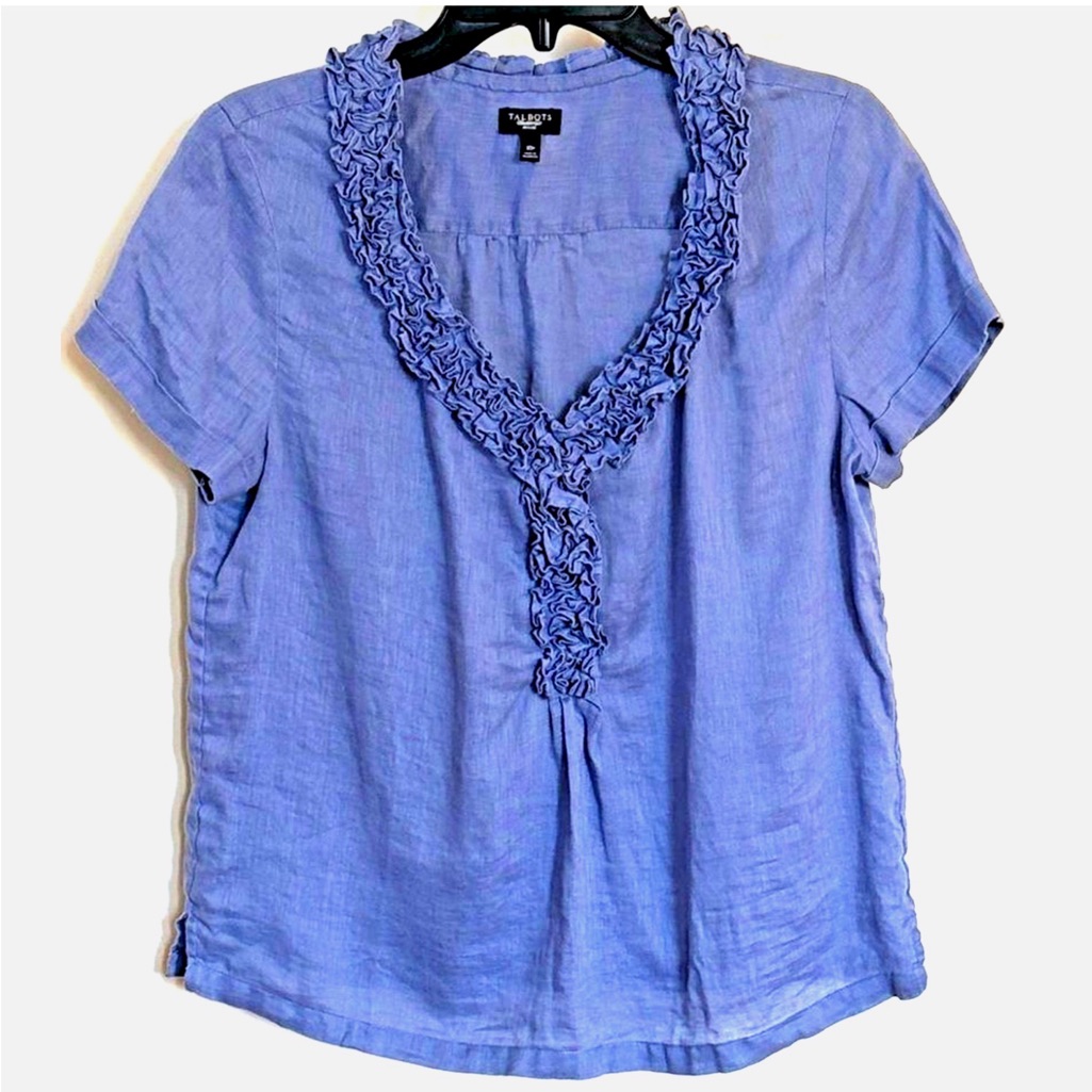 Talbots 100% Linen Ruffle Blouse Petite 10p Blue Short Sleeve Coastal Cottage